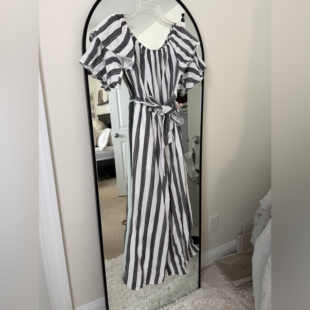 Flying Tomato Black and White Striped Off-Shoulder Jumpsuit